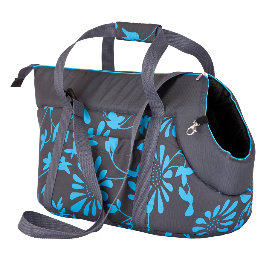 Hundetransporttasche, Farbe Graphit mit blauen Blumen